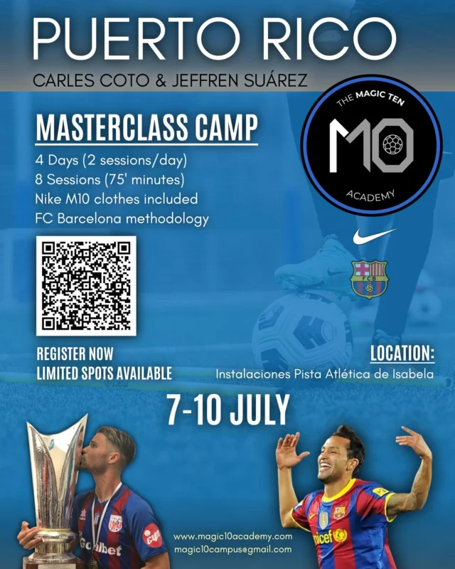 MASTERCLASS CAMP WORLD TOUR ✈️⚽️🇵🇷

Our Training Camp World Tour is an international journey where we bring our passion, knowledge, and elite training methods to players around the globe.

Led by former FC Barcelona talents @carlescoto714 and @jeffren_suarez who spent over a decade at the club, our camps are more than just training sessions — they are a deep dive into the FC Barcelona methodology, delivered at the highest level.

In each country we visit, we share the unique Magic 10 approach: a blend of technical excellence, tactical intelligence, and the Barça philosophy that has shaped some of the greatest players in the world.

We don’t just train players — we inspire futures.
Join the movement. This is @themagic10academy

#football #PuertoRico #Masterclass #Academy #trainingcamp #Isabela #Academia #footballacademy